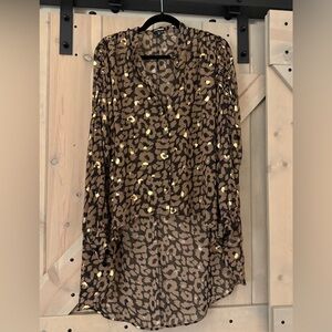 Express Gold Flecked Animal Print High Low Chiffon Blouse